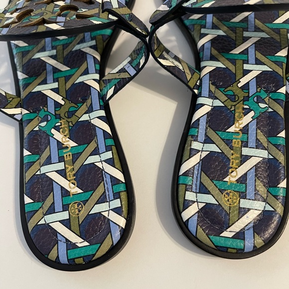 Tory Burch Millers Sandals Navy Basket -Weave Logo Green  7 🩴💚🤍 - Picture 8 of 12